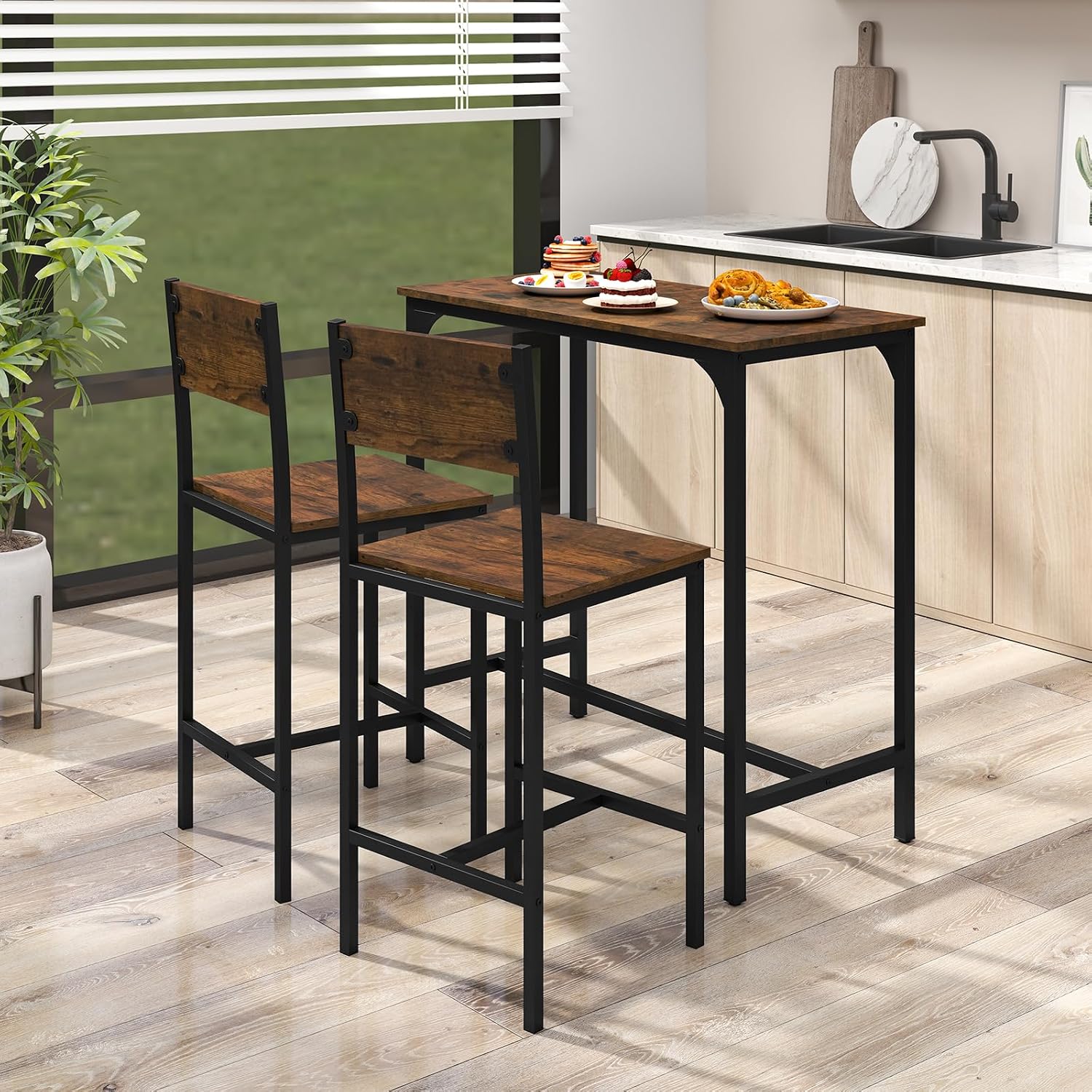 GOFLAME 3-Piece Bar Table Set, Counter Height Pub Table & 2 Barstools with Metal Frame, Industrial Space Saving Dining Set for Kitchen, Dining Room, Bistro, Restaurant, Small Space, Rustic Brown