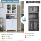 69" Tall Metal Pantry Cabinet with Microwave Stand,Microwave Storage Cabinet with 4 Doors & 3 Adjustable Shelves for Kitchen (4 Glass Doors-White, 13.78" D x 27.54" W x 68.9" H)