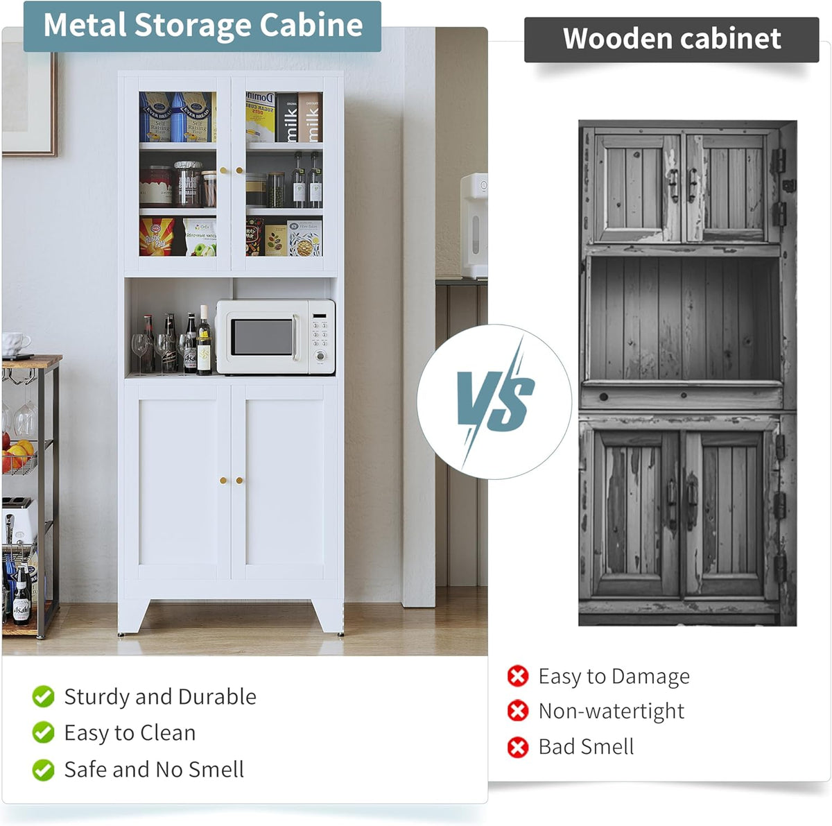 69" Tall Metal Pantry Cabinet with Microwave Stand,Microwave Storage Cabinet with 4 Doors & 3 Adjustable Shelves for Kitchen (4 Glass Doors-White, 13.78" D x 27.54" W x 68.9" H)