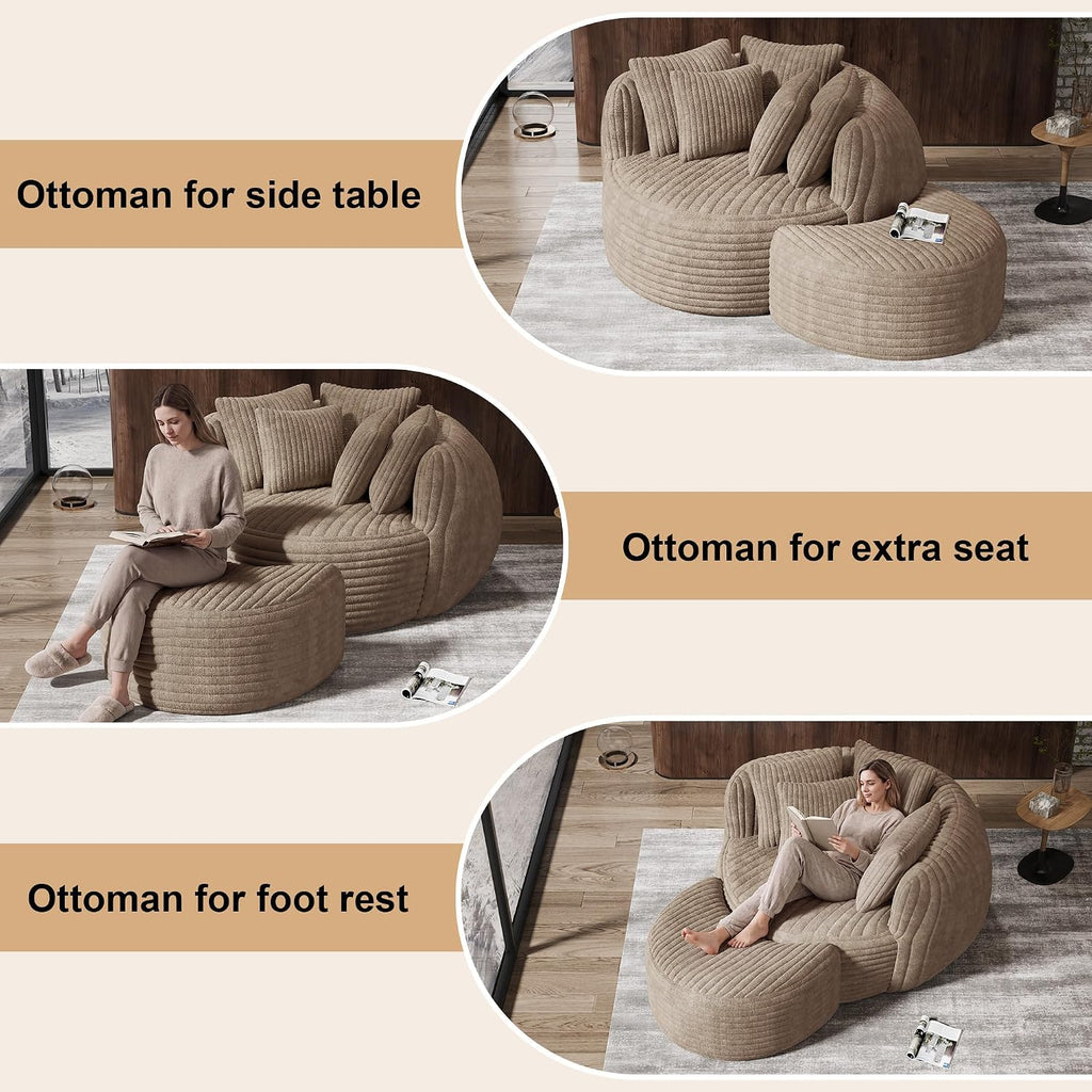 50.5" W x 67" D Oversized Chaise Lounge Chair with Ottoman,Light Camel | 38D Sponge,Round Reading Chair Luxury Plush Cloud Circle Sleeper for Living Room Bedroom, 5 Pillows,Corduroy
