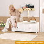 HOMEFORT 48.4" Shoe Storage Bench with Cushion, Entryway Bench with Paddded Seat, 2-Tier Shoe Cabinet Bench with Adjustable Shelves and 4 Doors, Wooden End of Bed Bench, for Bedroom, Hallway, White