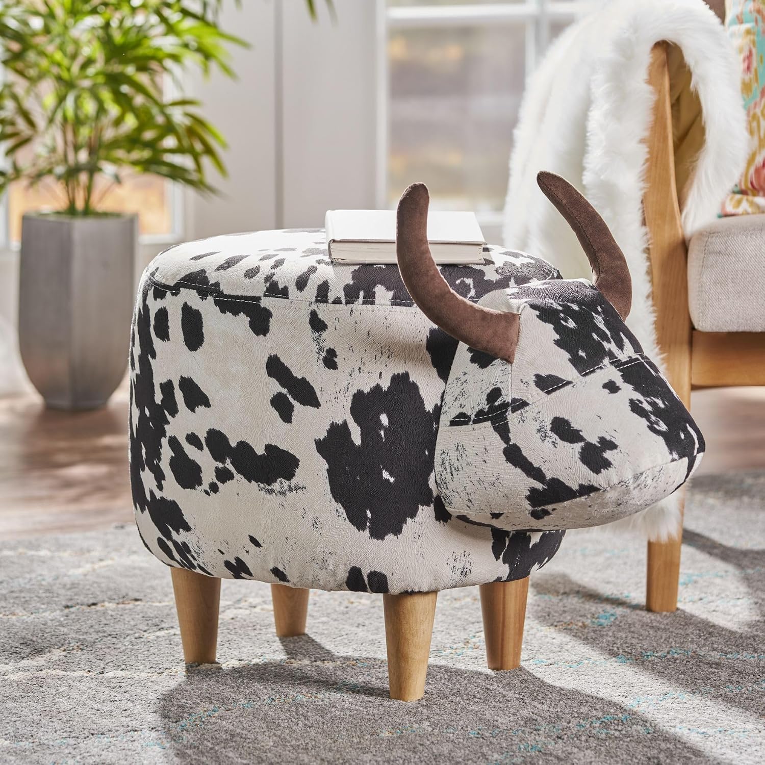 Modern Ottoman, Cow-Shaped Velvet Accent Footstool with Birch Legs for Living Room, Bedroom, Porch, Garden, Balcony Decor, Artsy Animal Print Foot Stool, Cute Foot Rest for Couch Sofa(Black + White