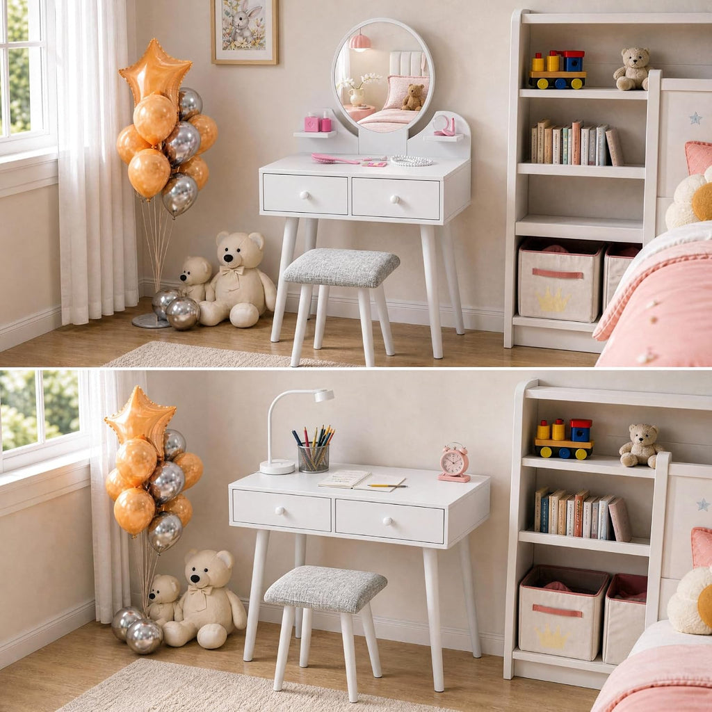Arlopu Kids Vanity Table and Chair Set, 2 in 1 Girls Makeup Dressing Desk | with Detachable Large Mirror and Stool, Drawers, Shelves, Princess Wooden Pretend Play Toys for Little Girls (White)