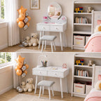 Arlopu Kids Vanity Table and Chair Set, 2 in 1 Girls Makeup Dressing Desk | with Detachable Large Mirror and Stool, Drawers, Shelves, Princess Wooden Pretend Play Toys for Little Girls (White)
