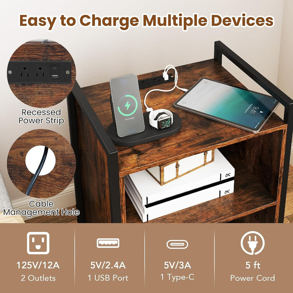 Giantex Record Player Stand with Charging Station, Mobile Turntable Stand with Record Storage & 4 Rolling Wheels, 3-Tier Vinyl Record Storage w/ Open Shelves & Dividers for Living Room, Rustic Brown