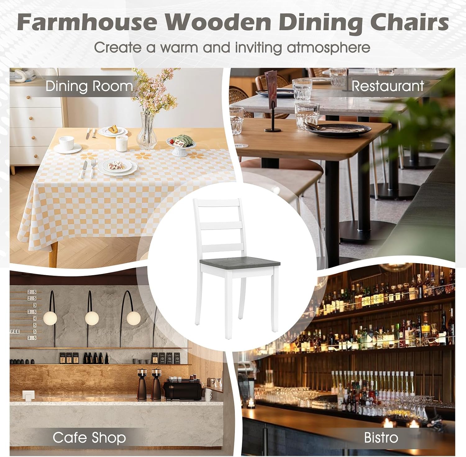 Giantex Dining Chairs, Wooden Armless Kitchen Chairs with Solid Rubber Wood Legs, Farmhouse Ladder Back Dining Chairs for Dining Room (2, White+Gray)