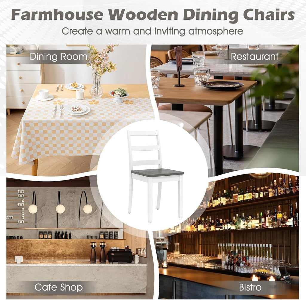 Giantex Dining Chairs, Wooden Armless Kitchen Chairs with Solid Rubber Wood Legs, Farmhouse Ladder Back Dining Chairs for Dining Room (4, White+Gray)