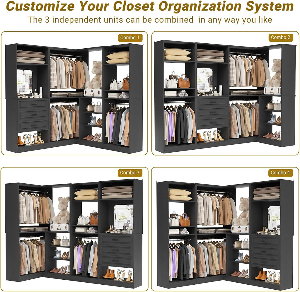 Unikito 86" Wood Modular Corner Closet System with Drawers & Mirror, Black | Freestanding wardrobe organizer with hanging rods and adjustable shelves, walk-in closet garment rack storage tower.