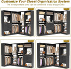 Unikito 86" Wood Modular Corner Closet System with Drawers & Mirror, Black | Freestanding wardrobe organizer with hanging rods and adjustable shelves, walk-in closet garment rack storage tower.