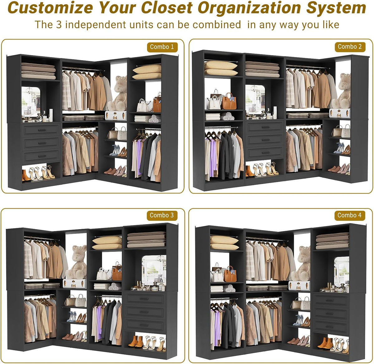 Unikito 86" Wood Modular Corner Closet System with Drawers & Mirror, Black | Freestanding wardrobe organizer with hanging rods and adjustable shelves, walk-in closet garment rack storage tower.