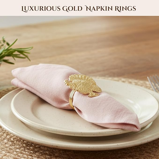 Set of 12 Turkey Napkin Rings for Thanksgiving Table Decor | Premium Metal Dinnerware Holders | Fall Harvest, Christmas & Holiday Banquet Accessories (Gold) - ALPHA Living HOME