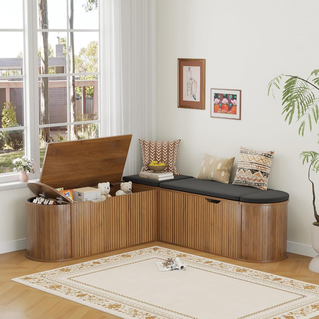 L Shaped Storage Bench with Cushion, Mid Century Modern Corner Dining Bench, Wood Window Breakfast Nook Bench for Dining Room, Entryway, Living Room, Cloakroom, Walnut