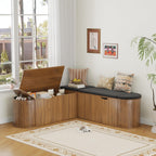 L Shaped Storage Bench with Cushion, Mid Century Modern Corner Dining Bench, Wood Window Breakfast Nook Bench for Dining Room, Entryway, Living Room, Cloakroom, Walnut