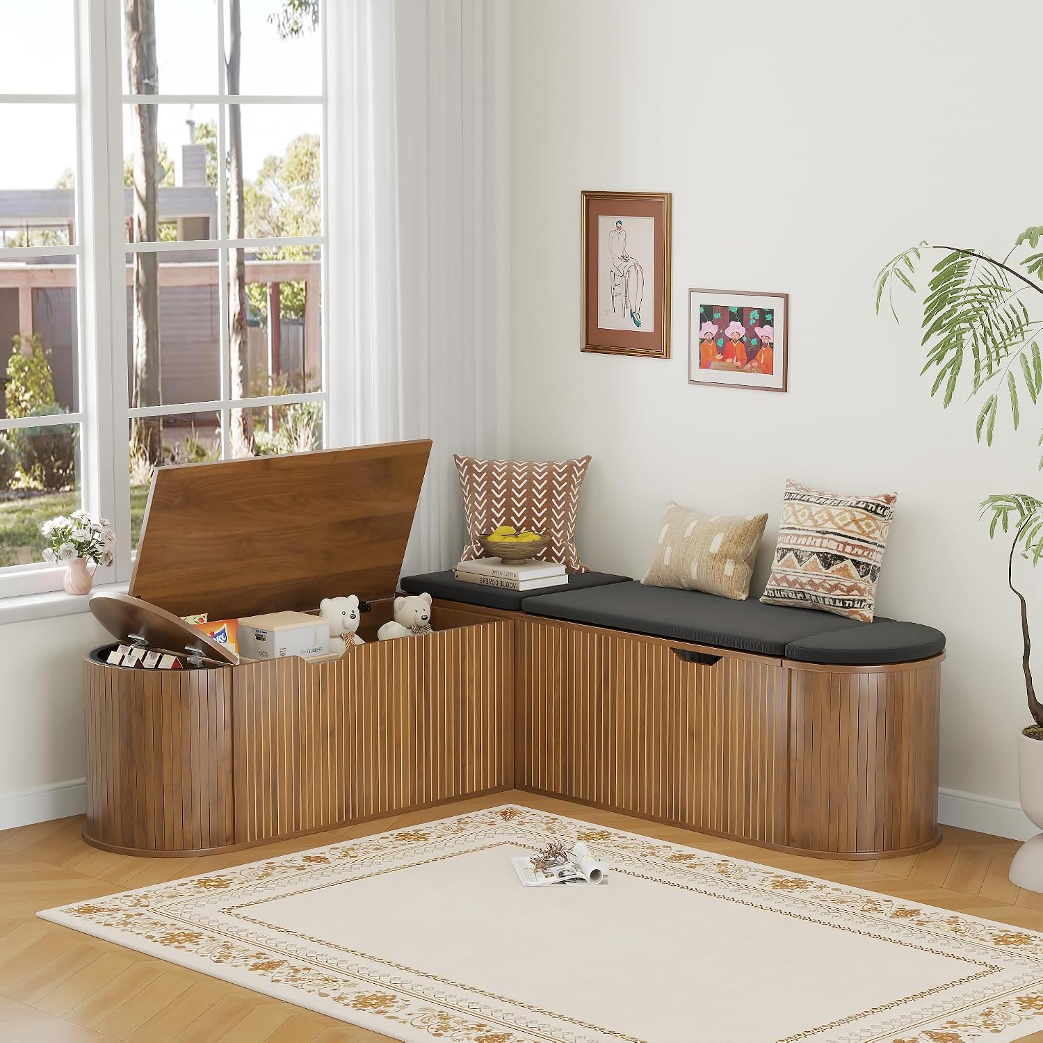 L Shaped Storage Bench with Cushion, Mid Century Modern Corner Dining Bench, Wood Window Breakfast Nook Bench for Dining Room, Entryway, Living Room, Cloakroom, Walnut