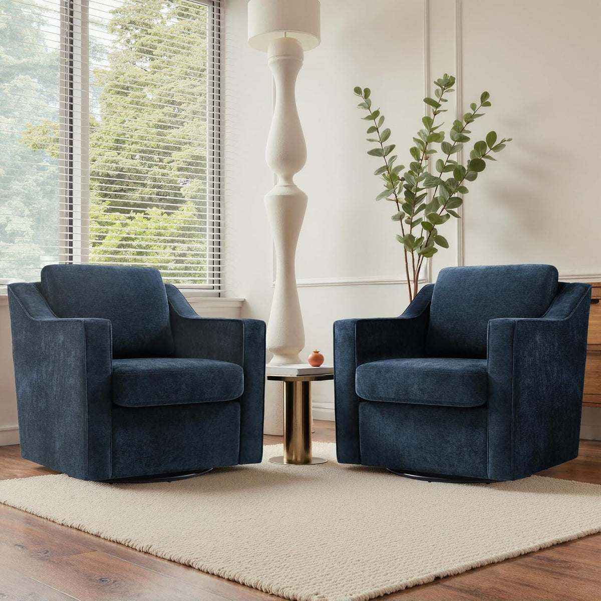 Swivel Accent Chairs Set of 2, Chenille Upholstered Armchair for Living Room, Modern Armrest Chair Comfy Single Sofa Bedroom Reading Seat with Lumbar Pillow - Navy