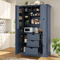 71" H Large Kitchen Pantry with 4 Doors, Freestanding Buffet with 3 Drawers, 6 Door Shelves and 6 Wine Racks, Wooden Storage Cabinet with Adjustable Shelves for Kitchen, Dining Room, Blue