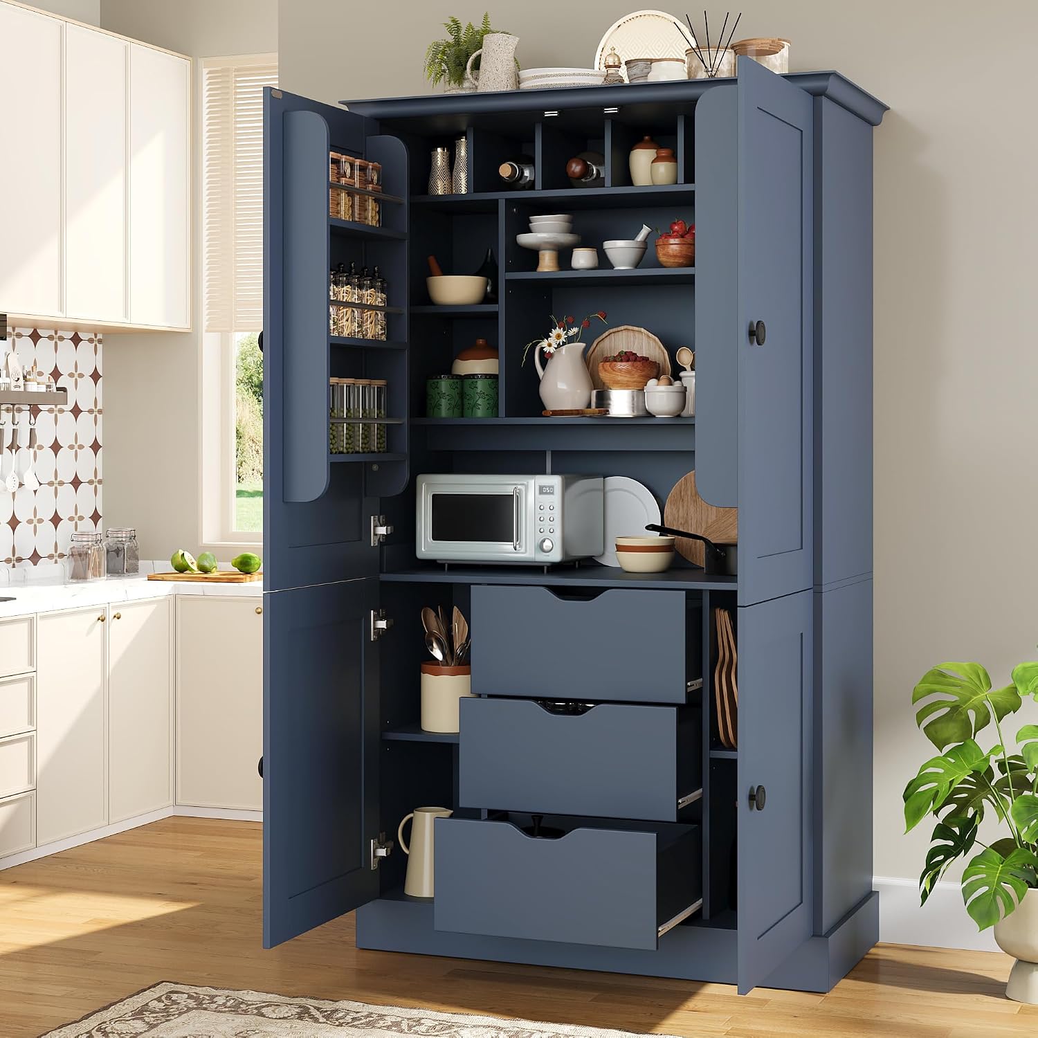 71" H Large Kitchen Pantry with 4 Doors, Freestanding Buffet with 3 Drawers, 6 Door Shelves and 6 Wine Racks, Wooden Storage Cabinet with Adjustable Shelves for Kitchen, Dining Room, Blue