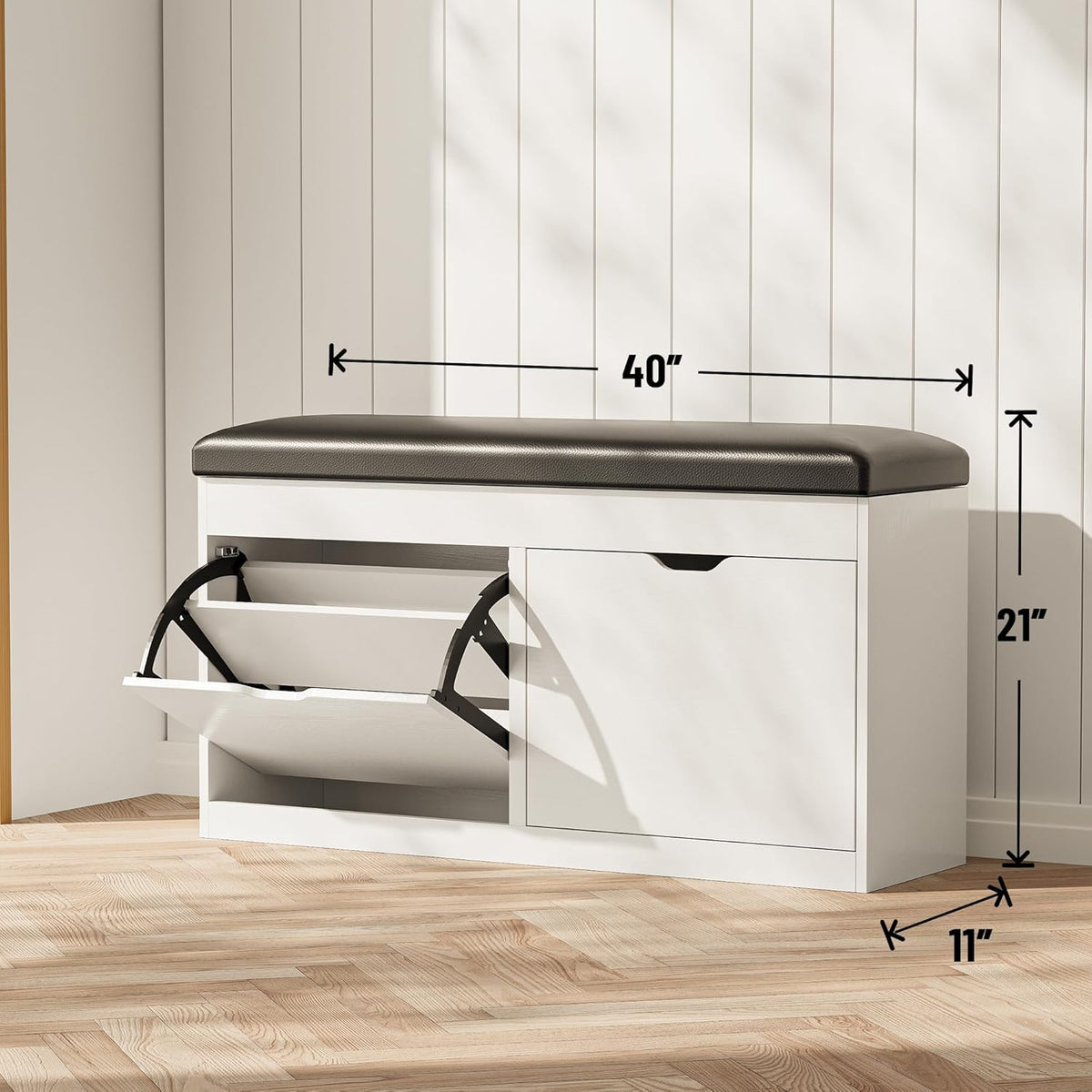 40" Shoe Storage Bench with 2 Flip Drawers & Padded Seat Cushion, Shoe Cabinet with Lift Top Storage Box, Shoe Bench Shoe Organizer for Entryway, Hallway, Living Room, White