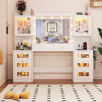 62 Inch Large Makeup Vanity Desk with Mirror and Lights 3 Color Lighting, Glass Top Vanity Table with Power Outlet and RGB Glass Cabinet, 8 Drawers Dressing Table for Bedroom and Dressing Room, White