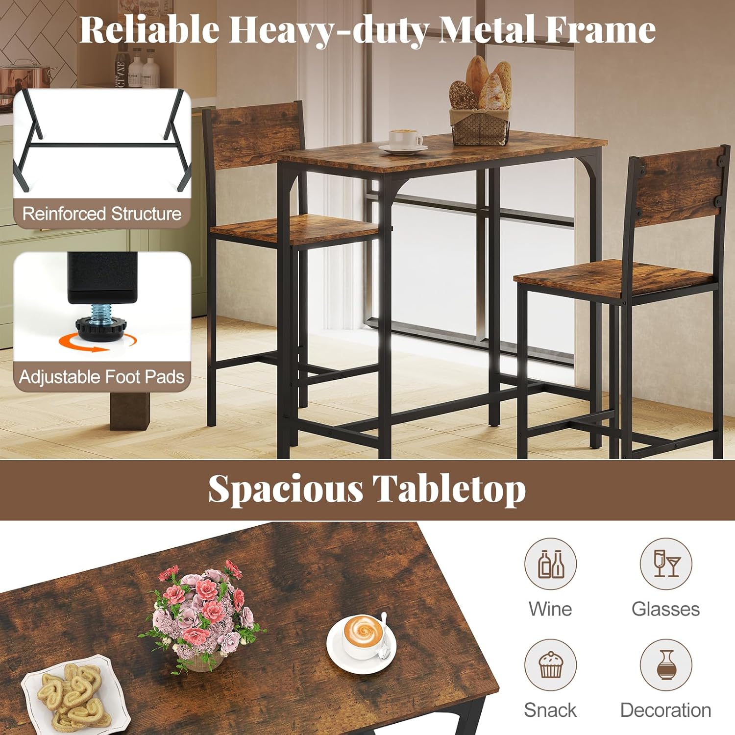 GIANTEX 3-Piece Bar Table and Chair Set with 2 Counter Height Bar Stools, Breakfast Nook Table Set for Small Space, Dinette, Pub, Kitchen, Apartment, Restaurant, Dining Table Set for 2 (Brown)