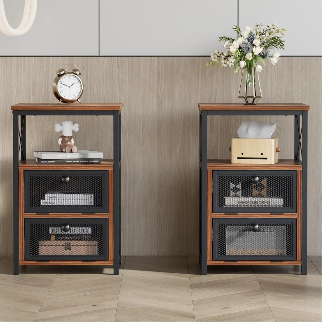 VECELO End Side Table, Modern Night Stand with Storage Space and Door, Set of 2 Nightstands for Living Room,Bedroom,Lounge, Rustic Brown