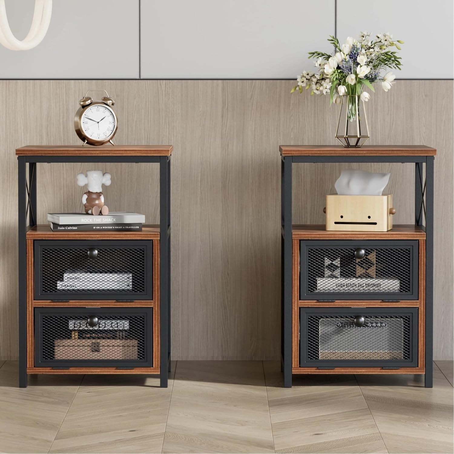 VECELO End Side Table, Modern Night Stand with Storage Space and Door, Set of 2 Nightstands for Living Room,Bedroom,Lounge, Rustic Brown