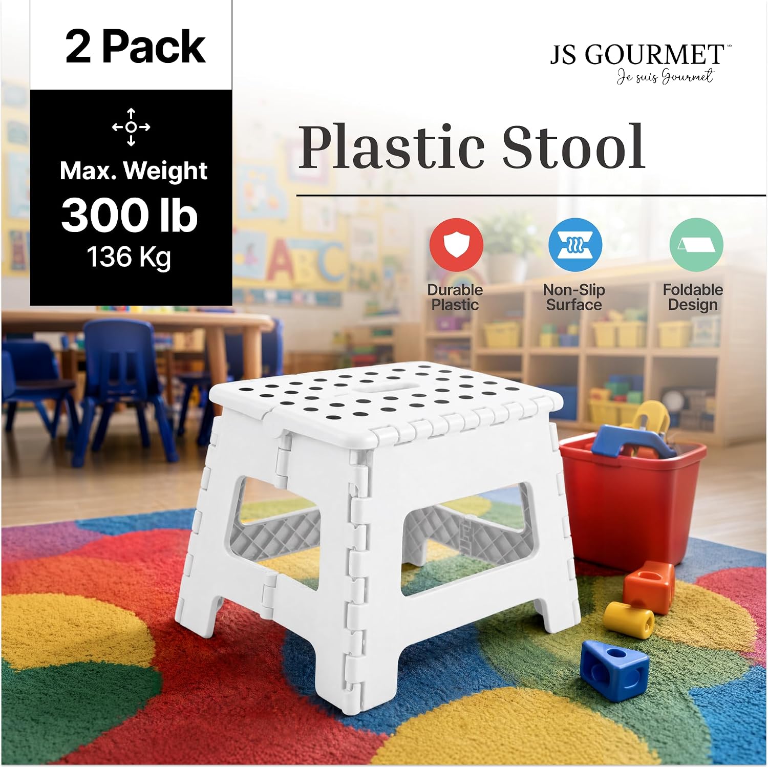 JS Gourmet Folding Step Stool - Set of 2, Sturdy Plastic Stool 9-inch | Lightweight Non Slip, Holds Up to 300 lbs, Collapsible Stool for Kitchen, Bathroom, Garden, & Camping Use - White