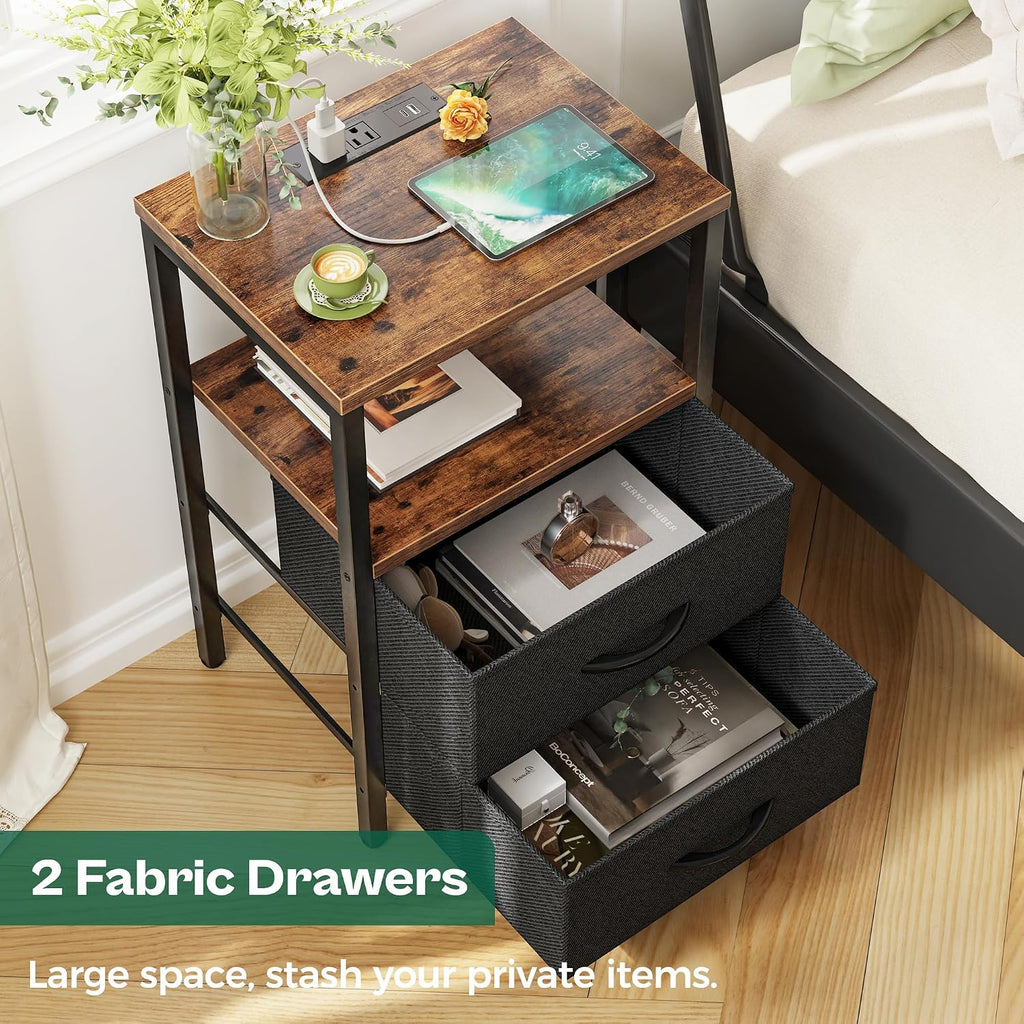 Huuger Nightstand with Charging Station, Side Table with Fabric Drawers, End Table with Open Shelf, Bedside Table with USB Ports and Outlets, Night Stand for Bedroom, Rustic Brown and Black