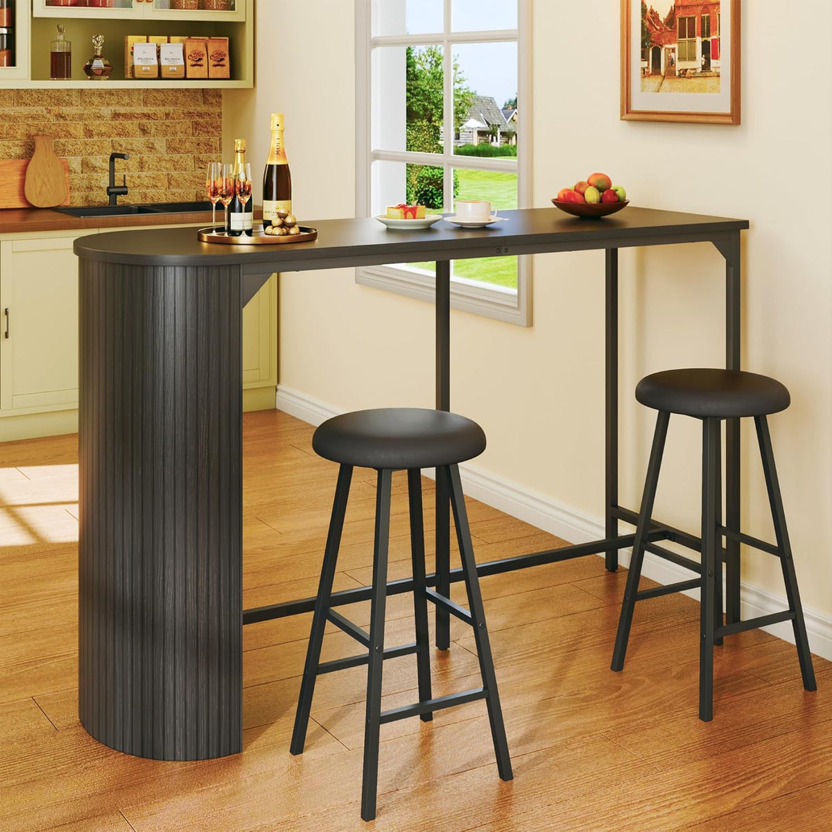 Fluted Bar Table and Chairs Set, 55'' Long Bar Tables with 2 Stools, 3 Piece Counter Height Dining Table for 2, Space Saving Kitchen Table for Bar, Dining Room, Kitchen, Breakfast Nook Corner, Black