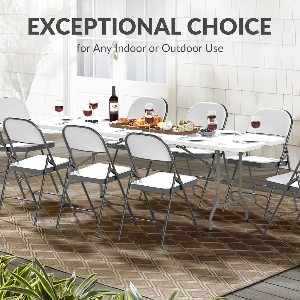 Simple Deluxe Foldable Table - Heavy Duty Portable Plastic Top & Steel Legs, Built-in Handle for Indoor Outdoor Party, Camping, Adjustable Height (22"/30"/36"), White 8FT