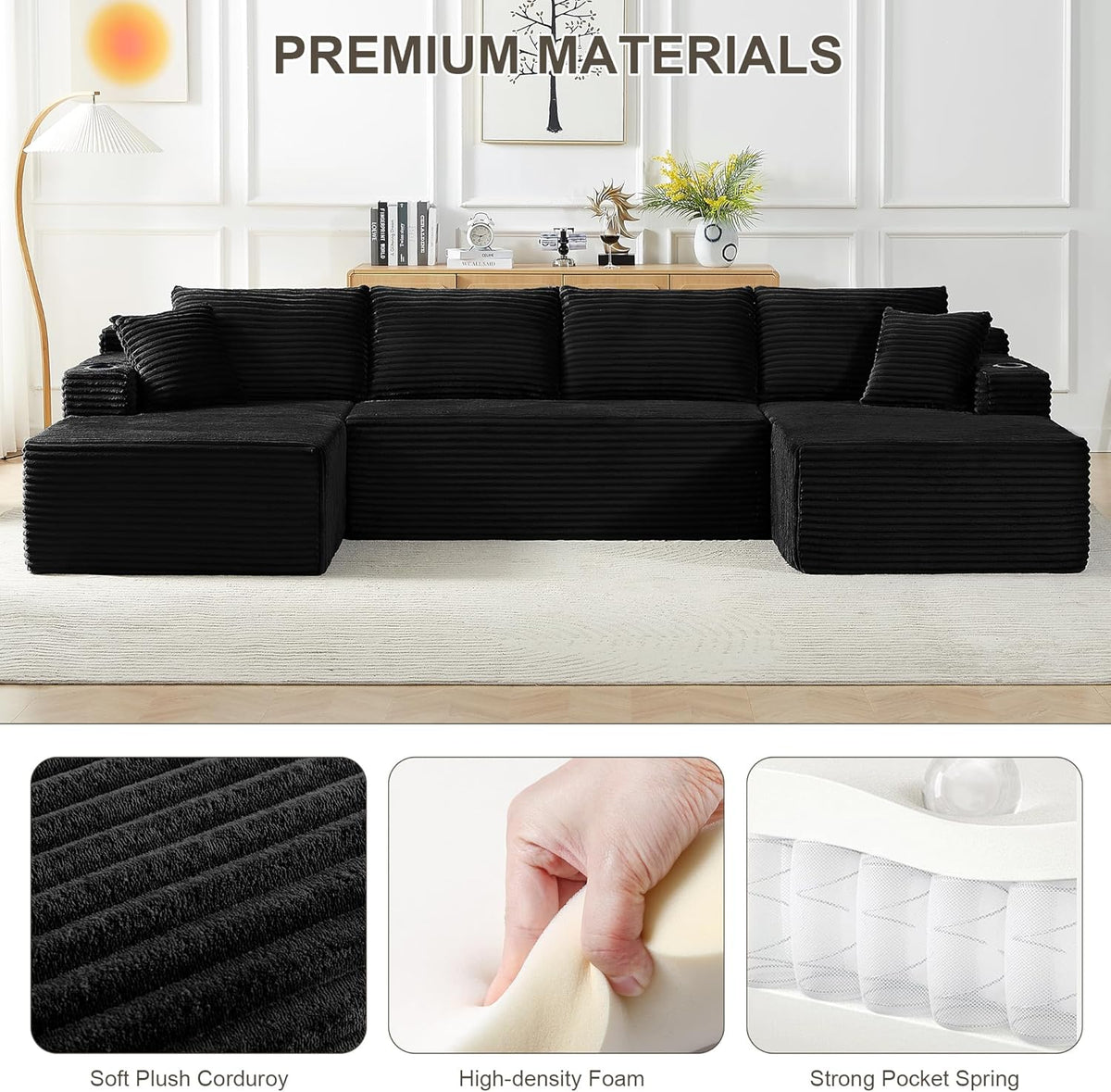 Tmsan 133.5" Black Sectional Sofa Couches for Living Room, Oversized U Shaped Cloud Modular Set with Cup Holders & Side Pockets & Deep Seat, Comfy Corduroy Foam Compressed No Assembly