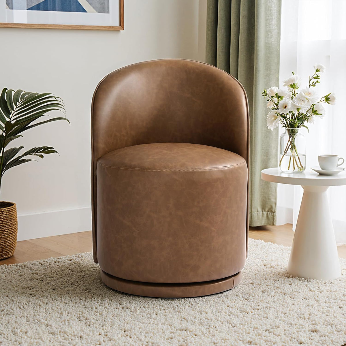 Faux Leather Swivel Barrel Accent Chair, Upholstered Kitchen Dining Room Chair, Makeup Vanity Side Chair for Bedroom Living Room - Brown