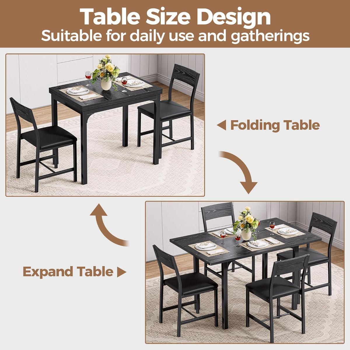 IRONCK Dining Table Set for 4, Extendable Kitchen Table Chairs Set of 4 | Dining Room Table with 4 Upholstered Chairs, Folding for Small Space, Apartment, Black