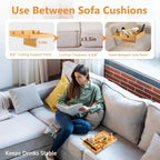 Couch Tray Insert for Middle Seat, Bamboo Couch Table with 2 Cup Holders, Fits Armless Sofa & Sectionals, Fold-Flat Tray for Drinks, Snacks & Remotes, Natural Bamboo