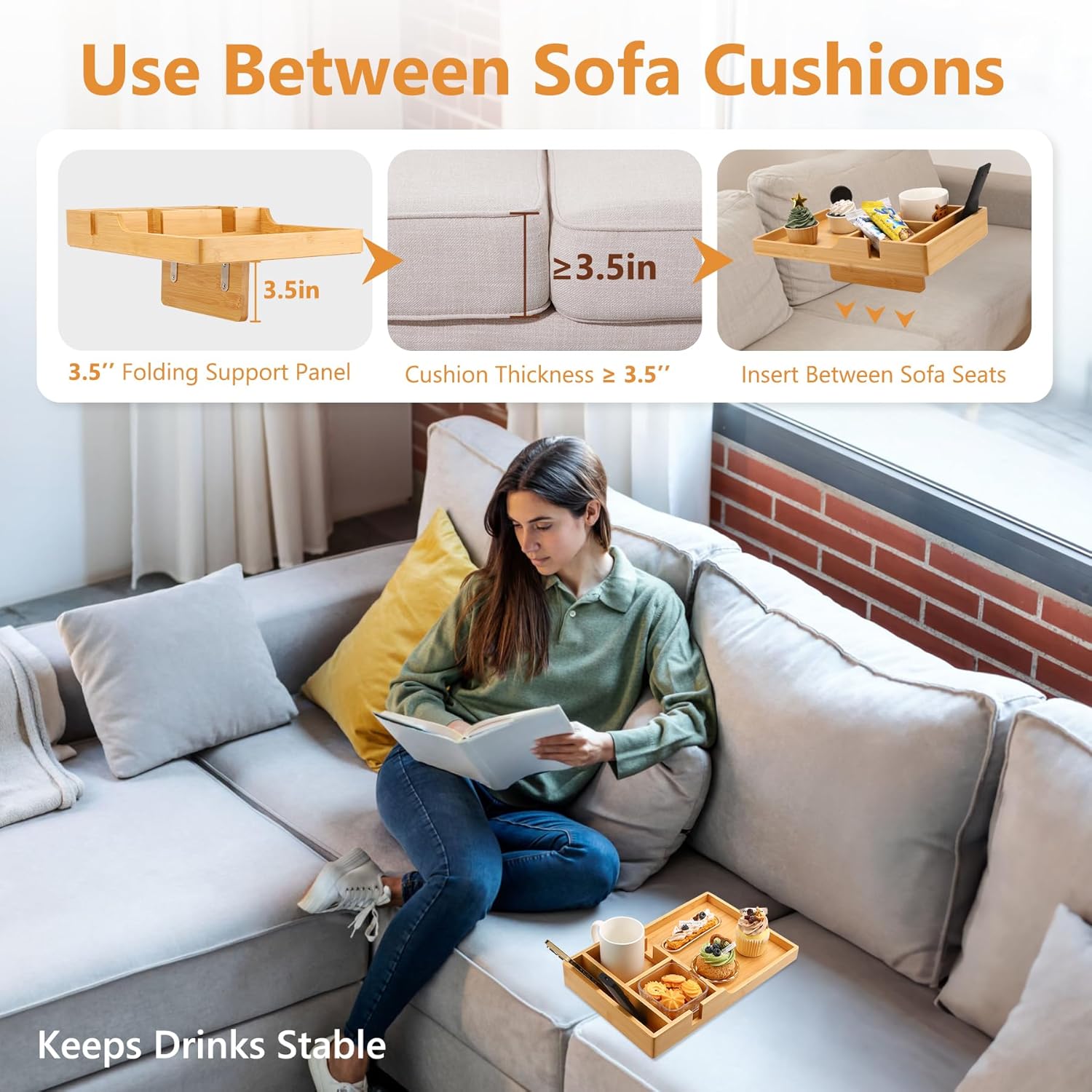Couch Tray Insert for Middle Seat, Bamboo Couch Table with 2 Cup Holders, Fits Armless Sofa & Sectionals, Fold-Flat Tray for Drinks, Snacks & Remotes, Natural Bamboo