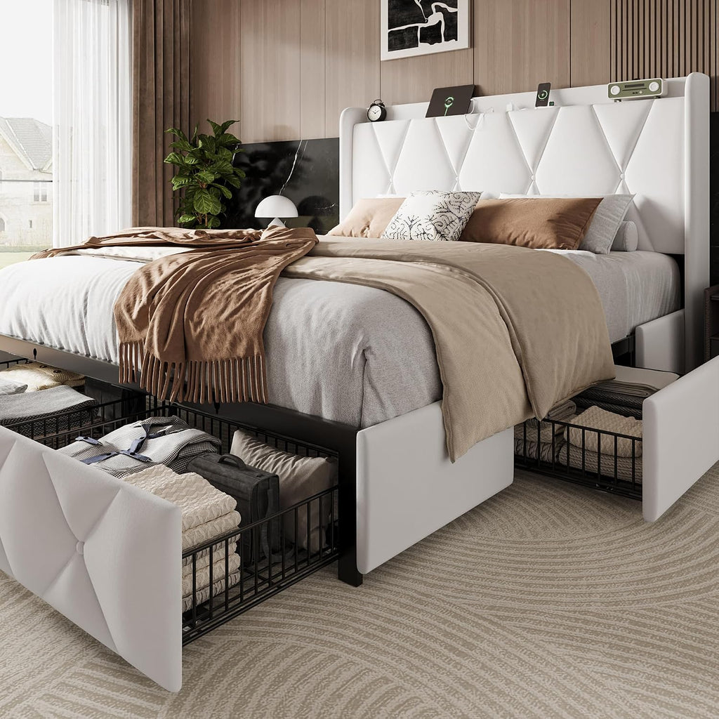 Einhomn Queen Bed Frame with 4 Storage Drawers and Charging Station, Upholstered Platform Bed Frame with Storage Headboard, No Box Spring Needed, Easy Assembly, White