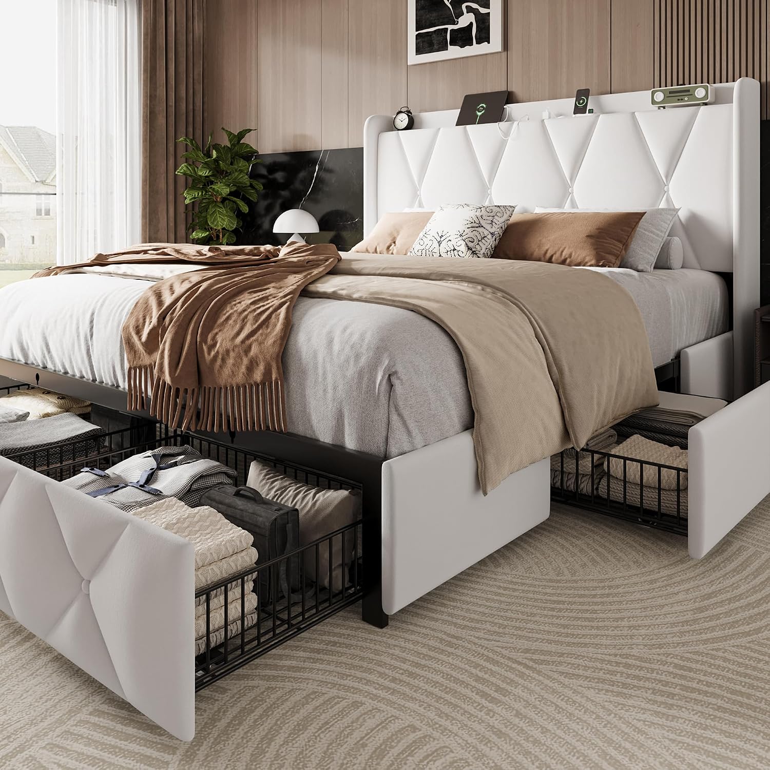 Einhomn Queen Bed Frame with 4 Storage Drawers and Charging Station, Upholstered Platform Bed Frame with Storage Headboard, No Box Spring Needed, Easy Assembly, White