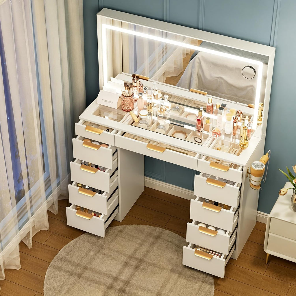 Pamapic Glass Top Vanity Desk with Mirror and Lights, 11 Drawers Makeup Vanity with Charging Station, Golden Handles Dressing Table, 3 Lighting Modes Makeup Table, White