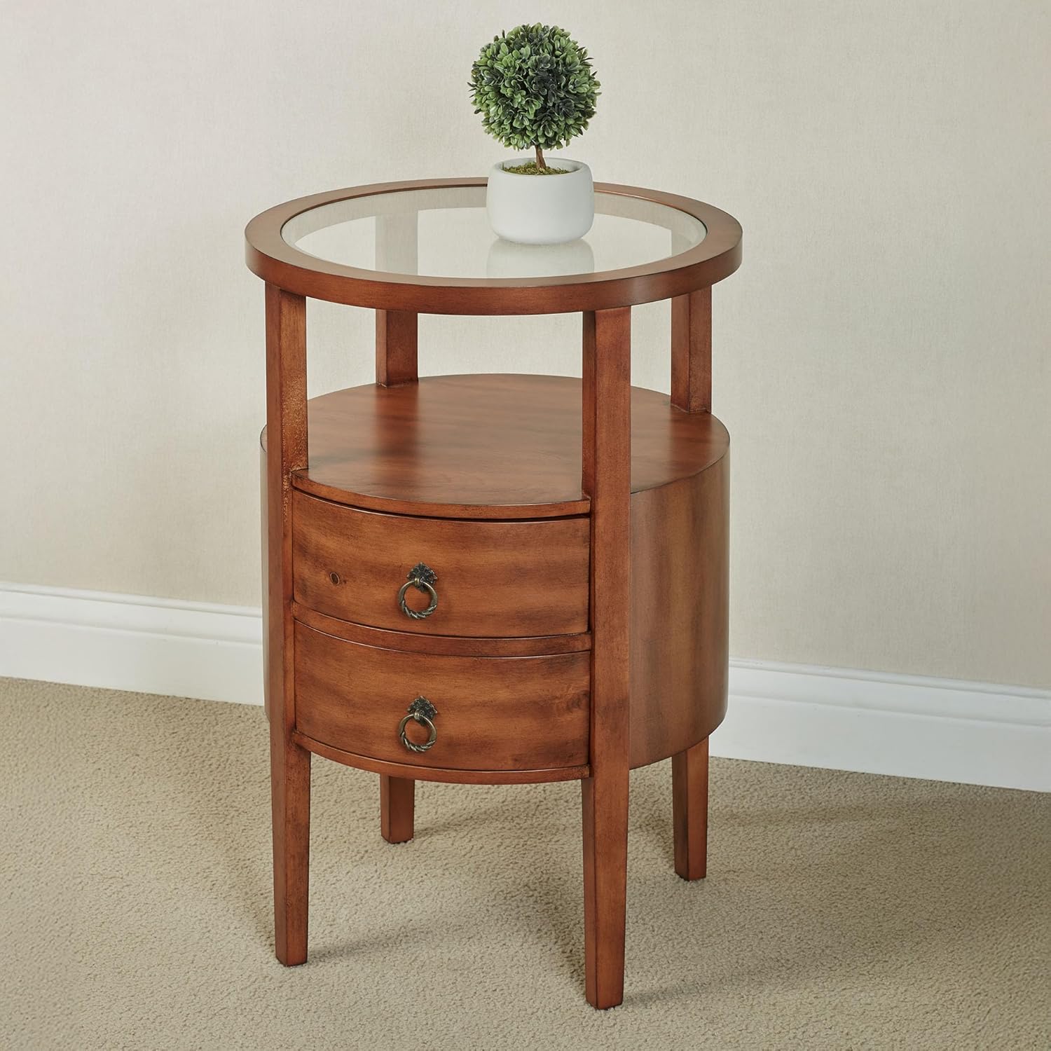 Louis Round Side Cabinet | Regal Walnut Finished Wooden Furnishing | Two Storage Drawers, Open Display Area Shelf, & Clear Glass Tabletop | Circle Wood End Table Furniture | No Assembly Is Required