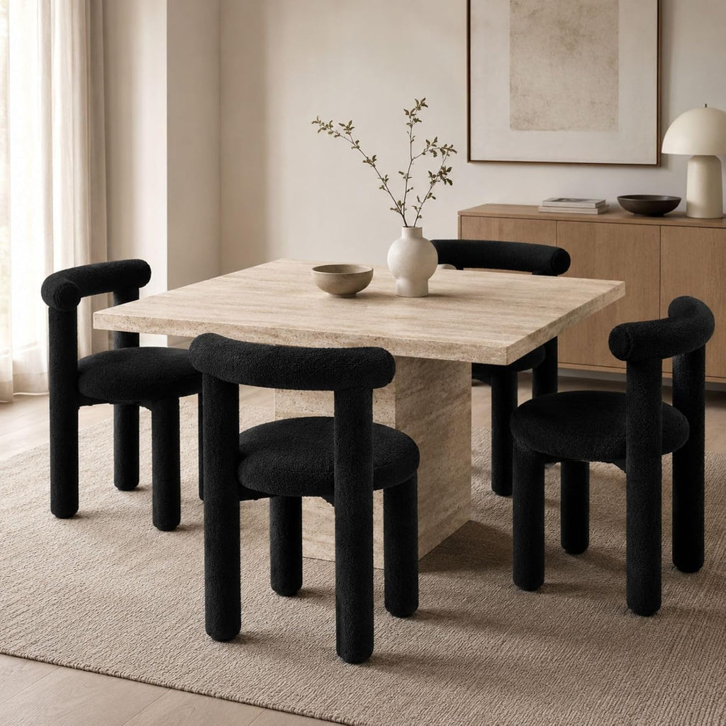 Black Sherpa Dining Chairs Set of 4, Armless Upholstered Boucle Kitchen Chairs with Backs Comfy Accent Side Chair for Living Room, Dining Room, Reception