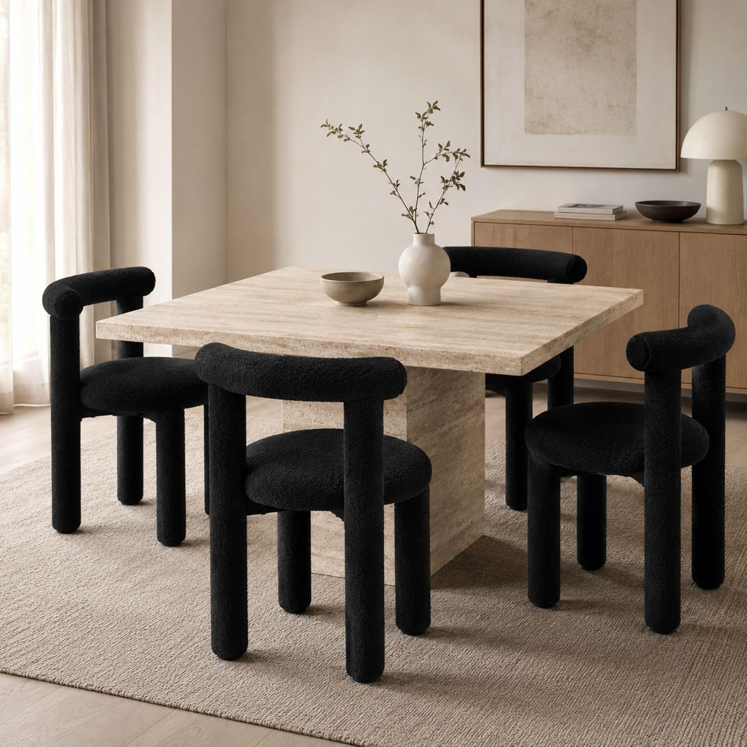 Black Sherpa Dining Chairs Set of 4, Armless Upholstered Boucle Kitchen Chairs with Backs Comfy Accent Side Chair for Living Room, Dining Room, Reception