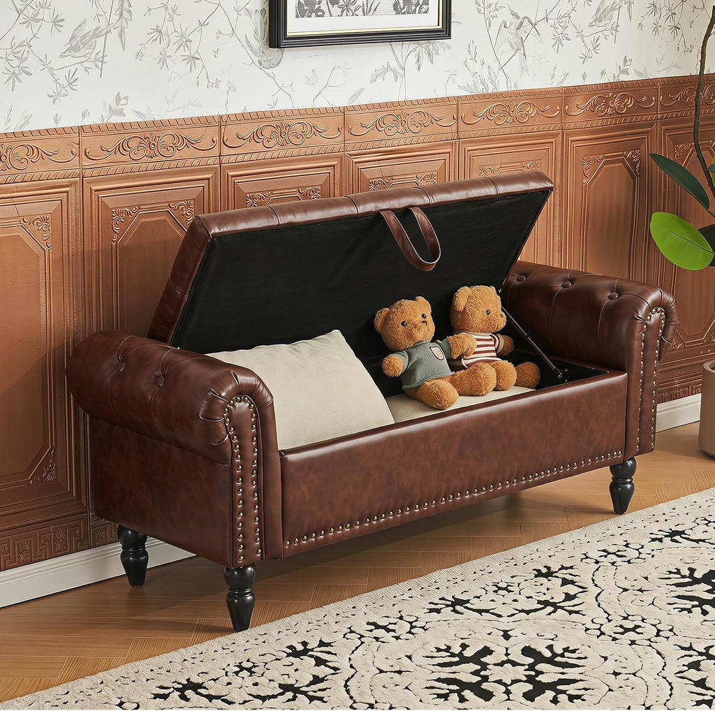 Furniliving 51” End of Bed Storage Bench, Bedroom Bench with Button-Tufted, Upholstered Storage Ottoman Benches Window Bench with Storage, Leather Bench for Living Room, Entryway, PU, Darkbrown