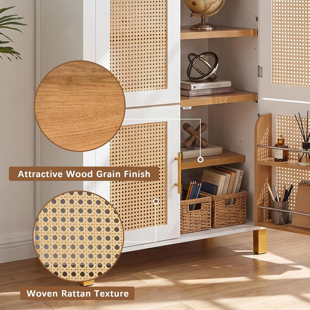 Polibi 71" Tall 4-Door Arched Cabinet, MDF Rattan Door Storage with Adjustable Shelves, Built-in Racks & 4 Support Legs, Farmhouse Pantry Cabinet for Kitchen & Dining Room, White