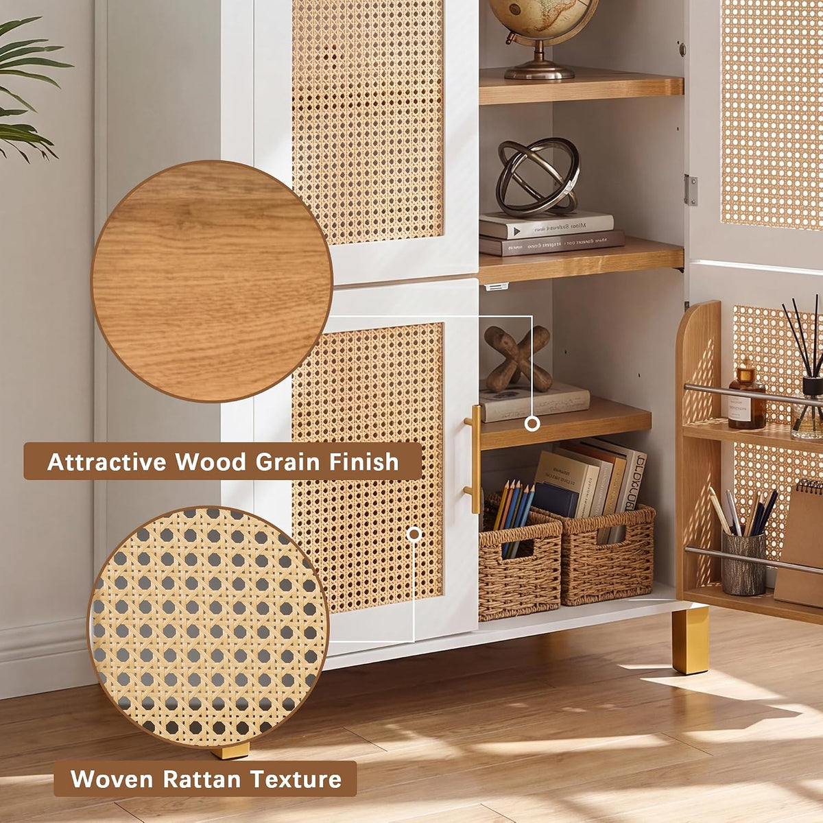KEIKI 71" Tall Storage Cabinet with Arched Rattan Doors, Freestanding Floor Cabinet with Adjustable Shelves and Built-in Racks, Modern Farmhouse Organizer for Living Room, Kitchen, Study, White
