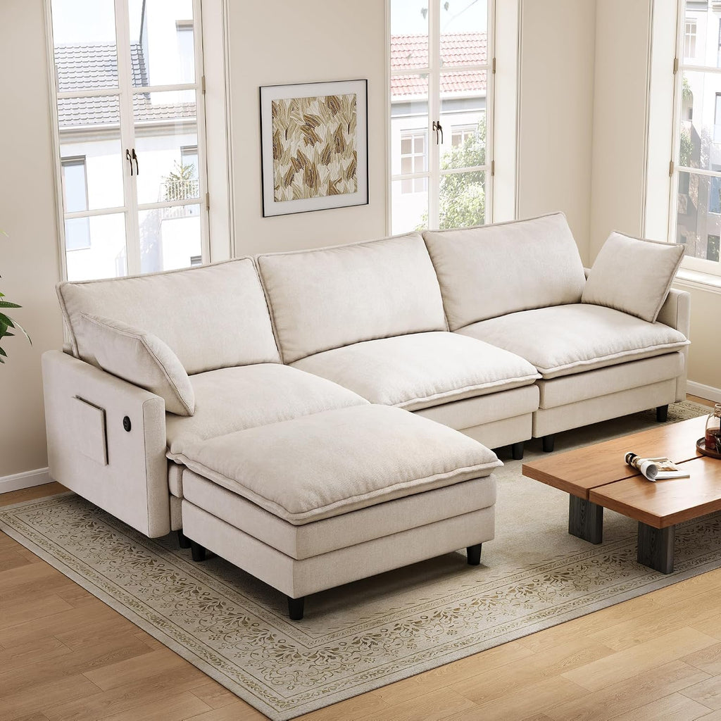 102'' L-Shaped Cloud Couch Sectional Sofa for Living Room, Beige | USB Charging Ports, Foldable Side Table, Movable Ottoman, Comfy Chenille Deep Seat