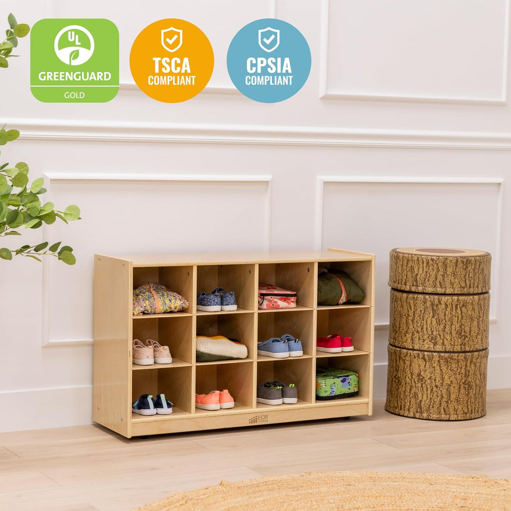 ECR4Kids 12 Cubby Mobile Tray Storage Cabinet, 3x4, Classroom Furniture, Natural | Durable birch, GREENGUARD Gold Certified, 12 cubbies with 4 casters for mobility, organize supplies in a classroom or home
