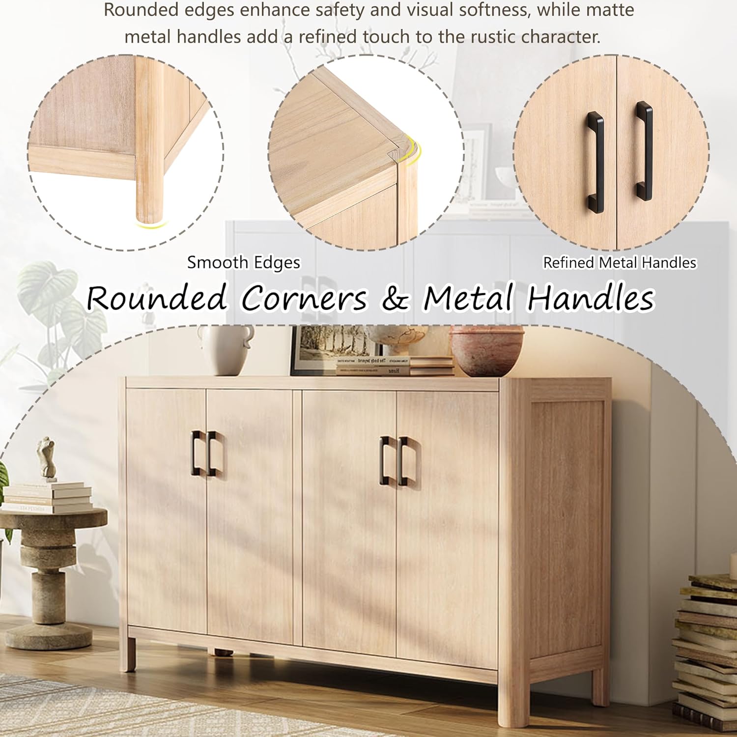 VilroCaz Farmhouse Wood 4-Door Cabinet Sideboard with Smooth Rounded Corners, Rustic Accent Entryway Console Table for Hallway Living Room Dining Room