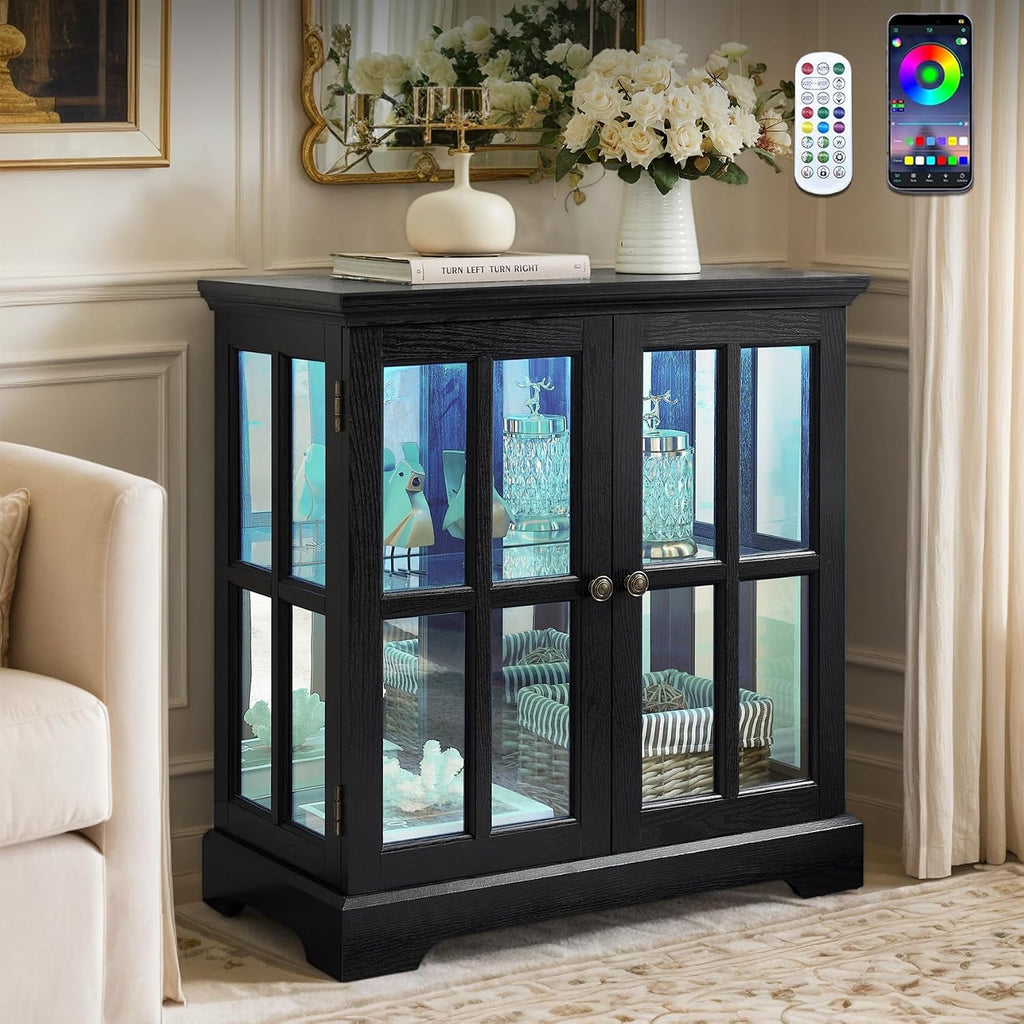 32" H LED Accent Curio Cabinet with 7 Color Lights for Collectibles, Modern Storage Cabinet with Tempered Glass Doors, (Black)
