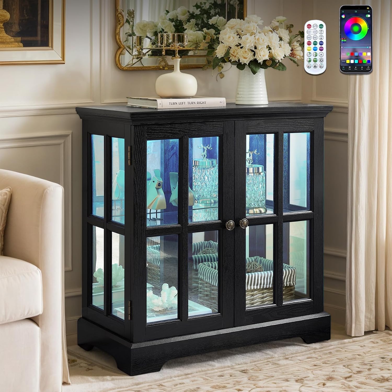 32" H LED Accent Curio Cabinet with 7 Color Lights for Collectibles, Modern Storage Cabinet with Tempered Glass Doors, (Black)