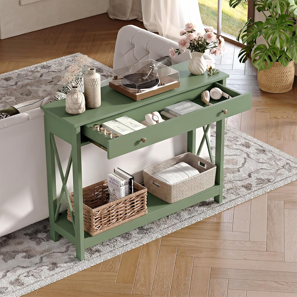 Treocho 40" Farmhouse Console Table with Drawer and Storage Shelves | Entryway, Living Room, Hallway, Antique, Green